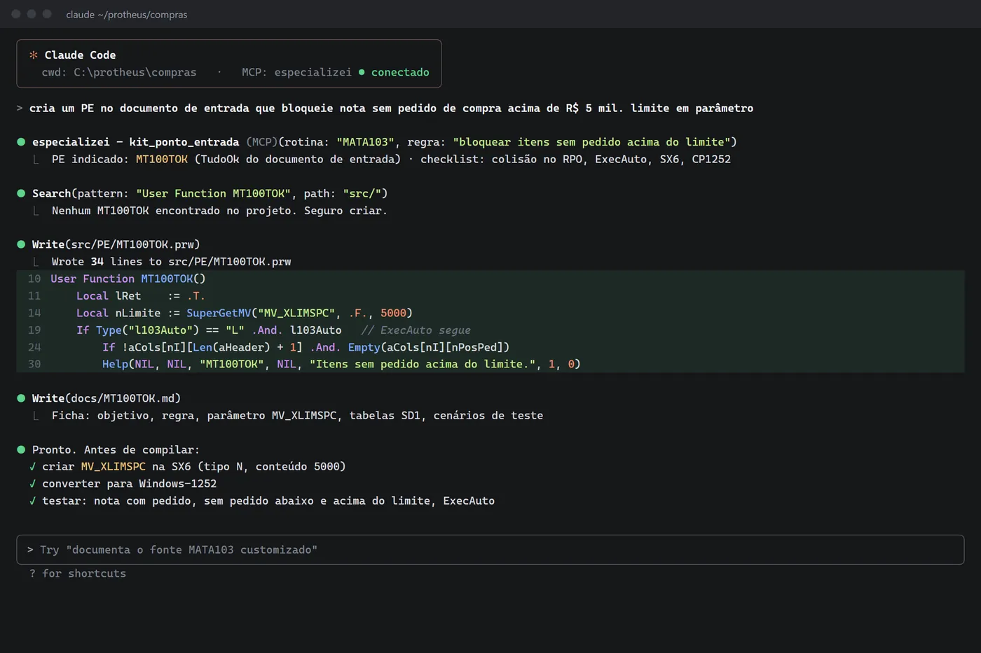 Claude Code usando o Especializei para criar um ponto de entrada