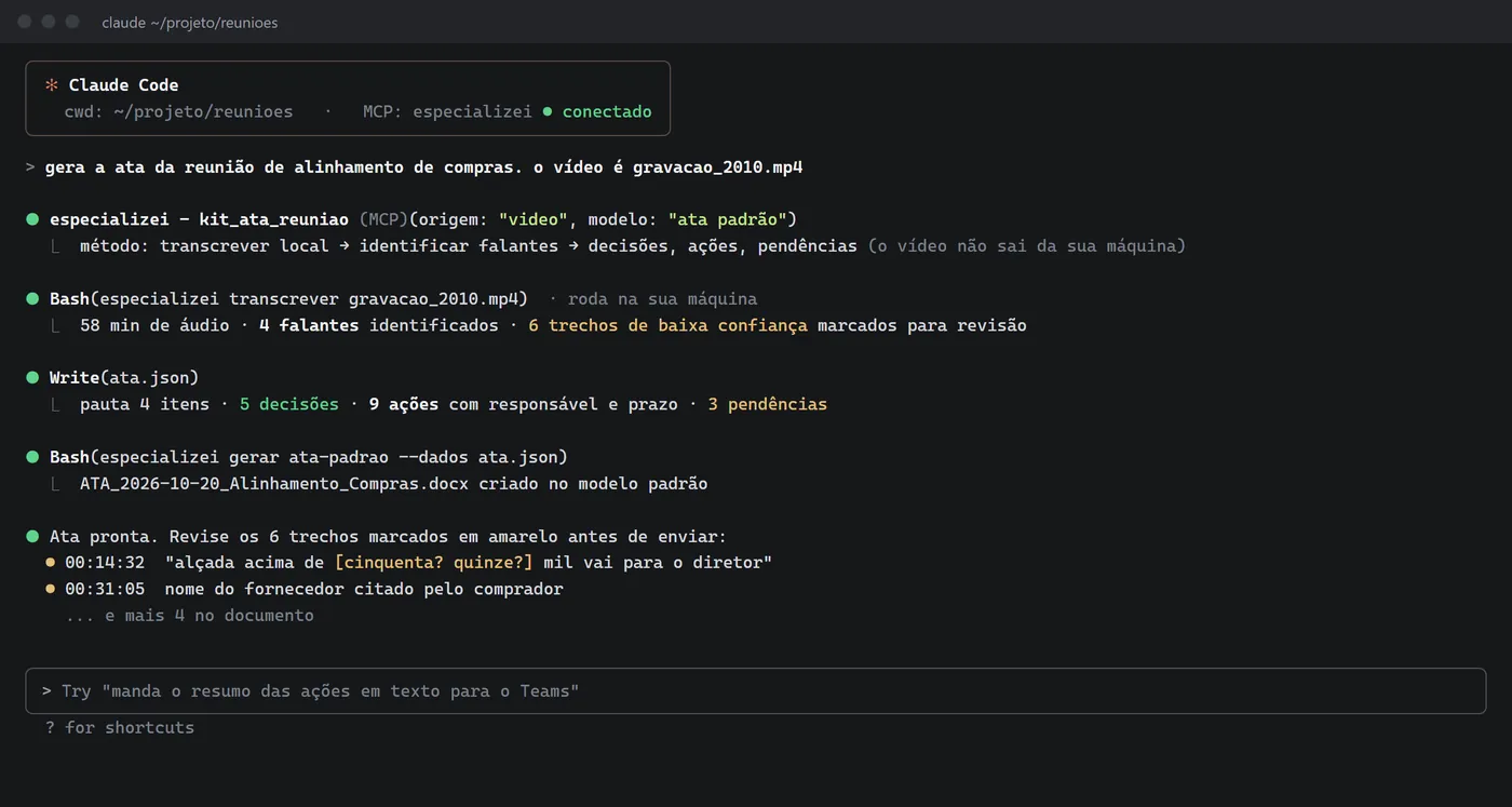 Claude Code gerando ata a partir do vídeo da reunião