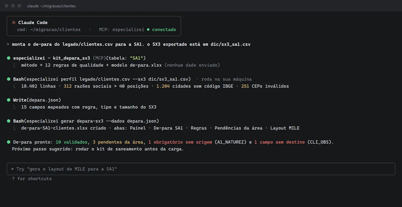 Claude Code gerando o de-para da SA1