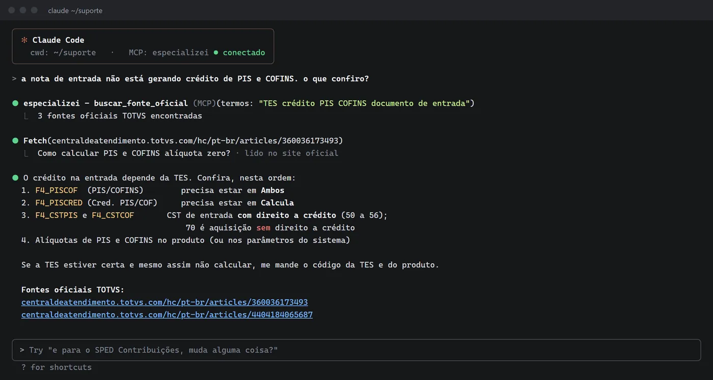 Claude Code respondendo dúvida de PIS e COFINS com link da fonte oficial TOTVS