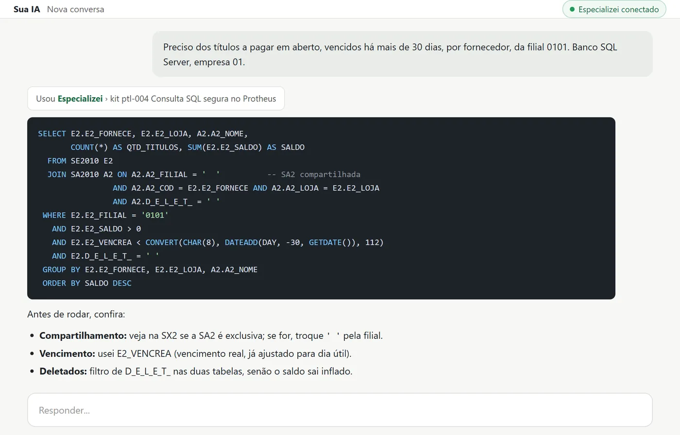 Consulta SQL gerada com o kit