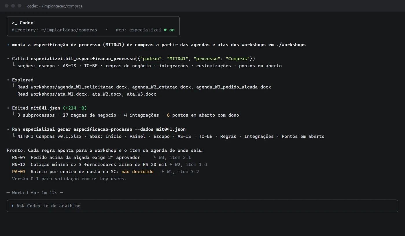 Codex montando a especificação de processo MIT041