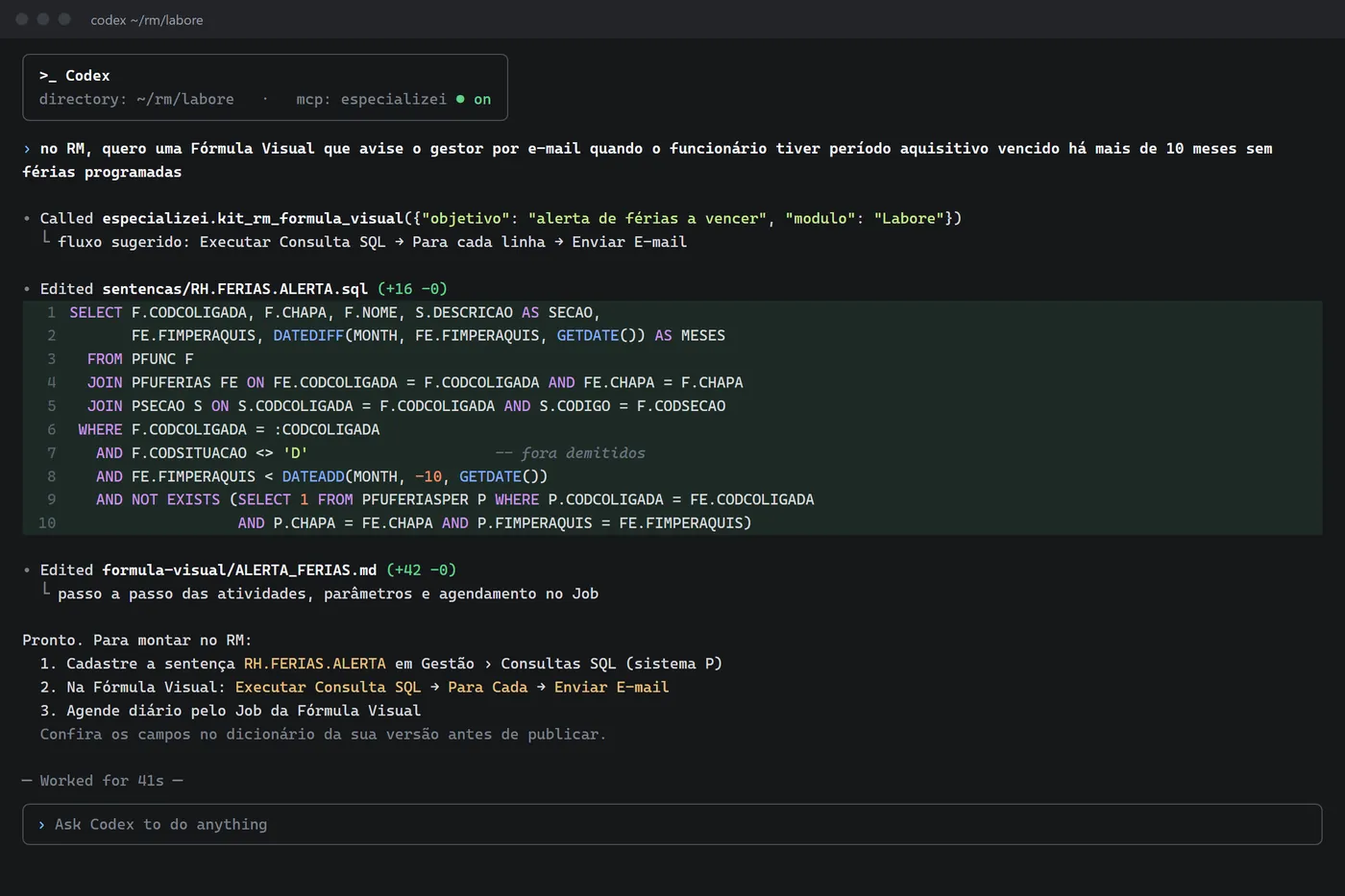 Codex usando o Especializei para montar uma Fórmula Visual no RM