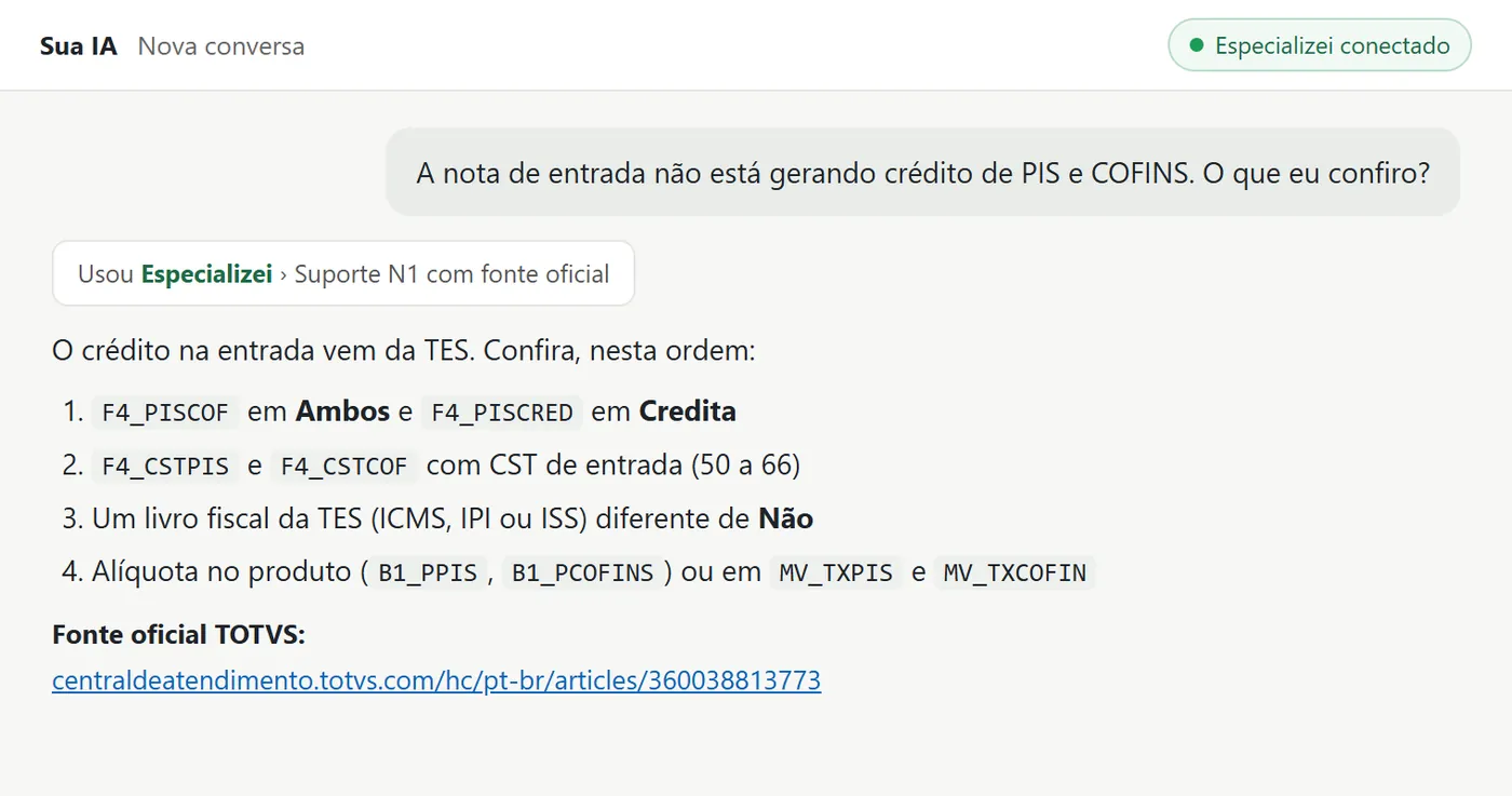 Resposta sobre crédito de PIS e COFINS com o link da fonte oficial TOTVS