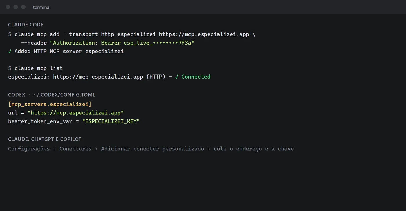 Conectando o Especializei no Claude Code e no Codex